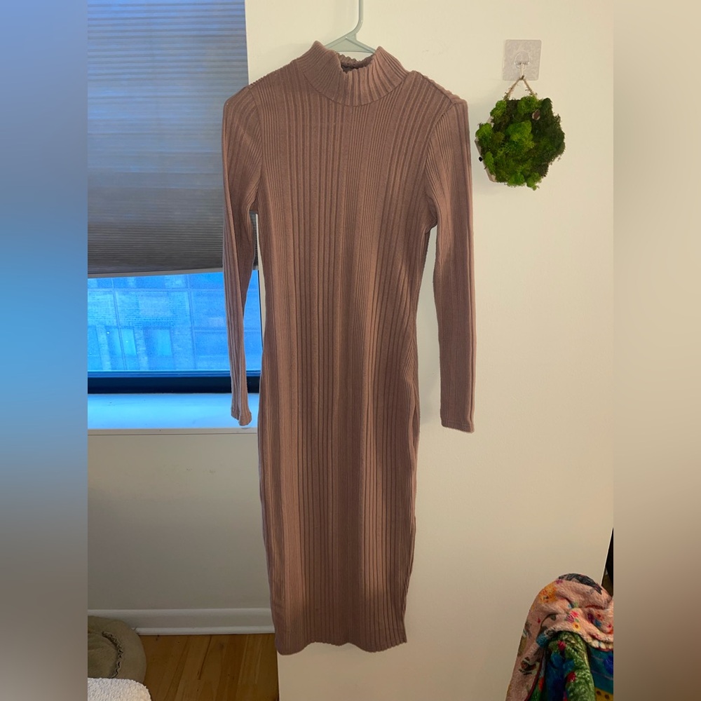 SHEIN Tan Ribbed Long Sleeve Sheath Dress
